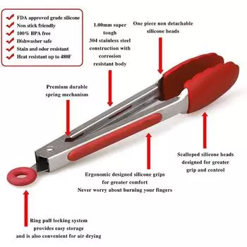 Multifunctional Silicone Stainless Steel Food Tongs 7 inch Non-Slip Locking Kitchen BBQ Cooking Clips Salad Tools Accessories