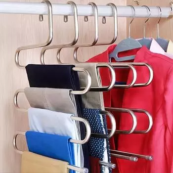 MultiFunctional Stainless Steel Trouser Hanger 5 Layers Pant Storage Cloth Rack S-type Non-slip Drying Rack Bathroom Organizer серебряный