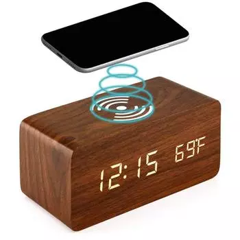 Multifunctional Wooden Digital Alarm Clock 3 Alarms LED Display Wireless Charging Electronic Alarm Clock For Bedroom Office коричневый