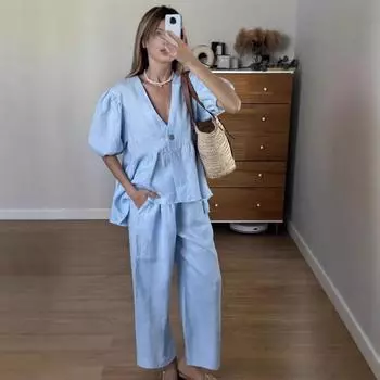 Mumaroho Женский комплект брюк на весну и лето, праздничные костюмы из хлопка, однотонные наряды с V-образным вырезом, комплект из двух предметов для женщин L чёрный