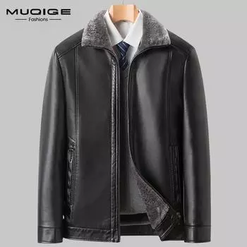 MUQIGE Кожаная зимняя мужская меховая повседневная кожаная куртка в деловом стиле M/170 чёрный