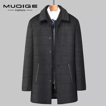 MUQIGE Новое зимнее мужское шерстяное пальто средней длины с решетчатыми лацканами вниз и вниз с удаленной внутренней шерстяной курткой M/170 серый