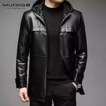 MUQIGE осень и зима новая мужская кожаная одежда деловая повседневная кожаная куртка средней длины с капюшоном кожаный плащ на молнии кожаное пальто мужское M/170 чёрный