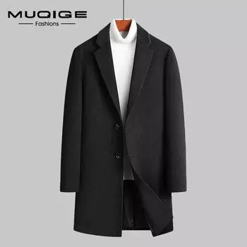 MUQIGE осенне-зимнее новое мужское шерстяное пальто средней длины, облегающее плотное хлопковое пальто, Тренч, мужская куртка 165/S чёрный