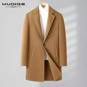 MUQIGE осенне-зимнее новое мужское шерстяное пальто-тренч средней длины, деловое пальто для отдыха с одной пряжкой, молодежное шерстяное пальто, куртка M/170 чёрный
