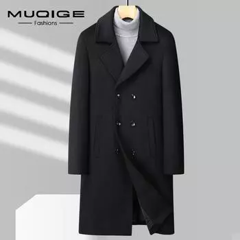 MUQIGE осенне-зимнее новое мужское шерстяное пальто-тренч средней длины с двойной пряжкой плюс хлопковое толстое пальто с волосами M/170 чёрный