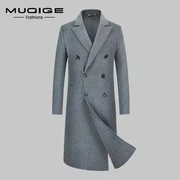 MUQIGE осенне-зимнее новое мужское шерстяное шерстяное пальто-тренч, двубортное длинное двустороннее пальто с перекрытием, мужское 170/M чёрный