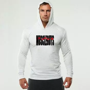 Muscleguys 2022 Осень Свитер с капюшоном Простая мода Мужская нижняя рубашка с длинным рукавом Спортивный комфорт Тонкие топы M чёрный