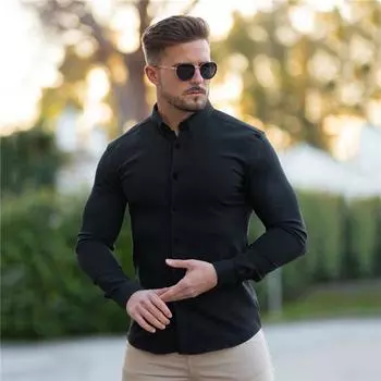 Muscleguys Four Seasons мужские топы с отложным воротником красивые деловые повседневные рубашки на пуговицах с длинными рукавами для мужчин M чёрный