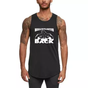 Muscleguys Летний хлопковый жилет с принтом и широкими плечами для мужчин, спортивный, дышащий, черный, облегающий, верхняя одежда для фитнеса, без рукавов, майка для мужчин M чёрный