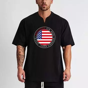 Muscleguys, летняя мужская хлопковая большая свободная толстовка Fatman с v-образным вырезом, повседневная удобная удобная половина рукава M чёрный