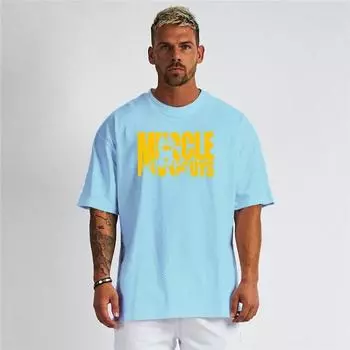 Muscleguys летняя мужская свободная футболка для фитнеса с короткими рукавами, быстросохнущая футболка с круглым вырезом и половиной рукава M чёрный