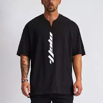 Muscleguys, летняя мужская свободная футболка для фитнеса, повседневная тренировочная одежда с буквенным принтом и воротником «Генри» с короткими рукавами M чёрный