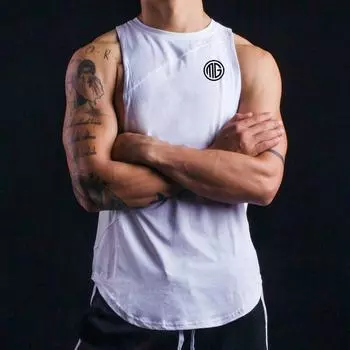 Muscleguys, летняя новая брендовая футболка без рукавов с лоскутным принтом, повседневная модная мужская майка, спортивные жилеты для бодибилдинга и фитнеса M чёрный