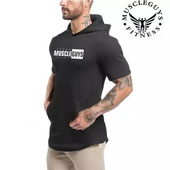 Muscleguys Летняя новая мужская модная футболка с короткими рукавами, хлопковая тенденция, бодибилдинг, фитнес, свитер с капюшоном и половиной рукавов, спортивная футболка с капюшоном M чёрный