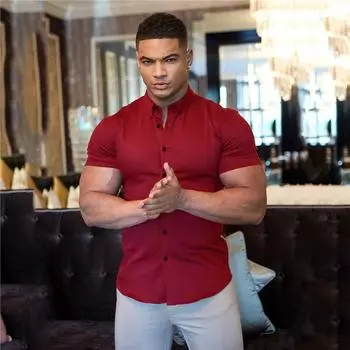 Muscleguys, летняя однотонная рубашка на пуговицах, мужская повседневная рубашка с короткими рукавами в корейском стиле, универсальная красивая верхняя модная тенденция M чёрный