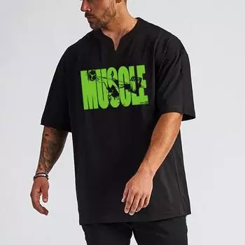 Muscleguys Летняя простая повседневная футболка с буквенным принтом и короткими рукавами для фитнеса, мужская футболка большого размера M чёрный