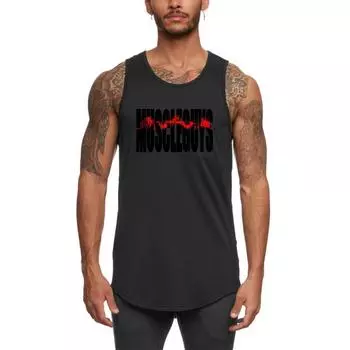 Muscleguys Летняя сетка быстросохнущий широкоплечный жилет мужской облегающий молодежный дышащий тонкий без рукавов спортивный фитнес принт рубашка с нижним низом M чёрный