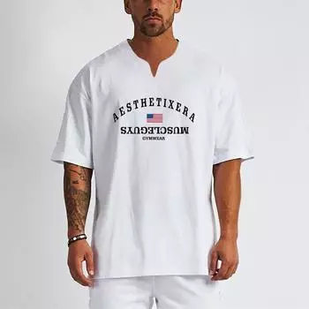 Muscleguys Лето Мужской фитнес Поглощение пота V-образный вырез Футболки Бренд Повседневная уличная одежда Короткие рукава M чёрный