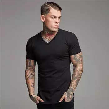 Muscleguys Лето Новая мода Хлопок Твердая футболка Мужчины Причинно-следственная базовая Стильная футболка с V-образным вырезом Мужская высококачественная спортивная одежда Спортивные топы Футболки M чёрный