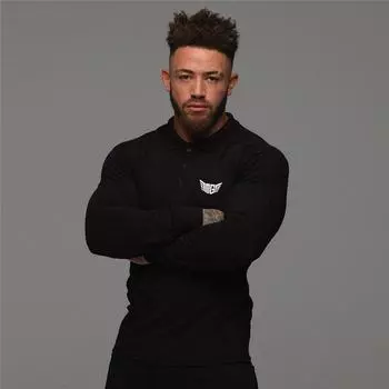 Muscleguys, модная повседневная рубашка-поло, мужская футболка с длинными рукавами и отложным воротником, весенне-осенняя одежда, спортивная рубашка Tough Guy M чёрный