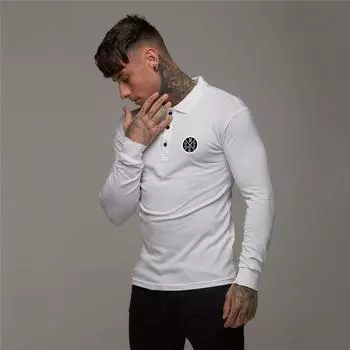 Muscleguys модная рубашка поло для фитнеса и отдыха, хлопковая футболка с длинными рукавами, мужская весенне-осенняя рубашка с отложным воротником и принтом M чёрный