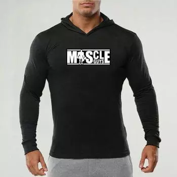 Muscleguys модный повседневный мужской свитер с капюшоном для спорта на открытом воздухе футболка для бега новая уличная одежда для фитнеса с длинным рукавом M чёрный