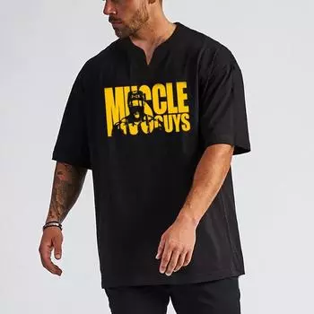 Muscleguys Молодежная модная повседневная объемная футболка с v-образным вырезом и короткими рукавами, мужская летняя свободная хлопковая футболка в стиле хип-хоп, корейская уличная одежда, мужские топы M чёрный