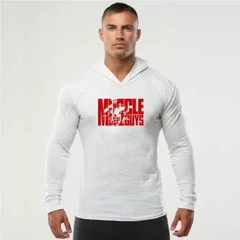 Muscleguys молодежный новый мужской приталенный свитер фитнес-футболка простые топы с длинными рукавами повседневная спортивная рубашка с капюшоном M чёрный