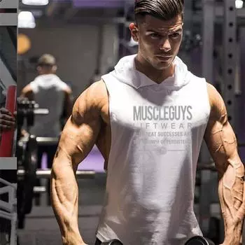 Muscleguys Muscleguys брендовая летняя мужская футболка с буквенным принтом, жилет с капюшоном для тренажерного зала, одежда для бодибилдинга, топы без рукавов для фитнеса, мужские майки M чёрный