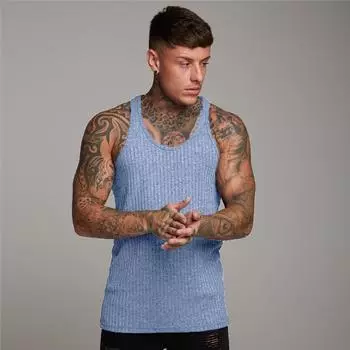 Muscleguys Мужская футболка без рукавов с круглым вырезом для фитнеса Slim Fit Спортивные полоски Майка Мужская однотонная модная майка Летняя трикотажная спортивная одежда M чёрный