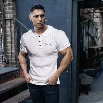 Muscleguys, мужская корейская летняя футболка с короткими рукавами, высококачественная футболка с лацканами, рубашка-поло, топы с половиной рукавов, дышащие и удобные M чёрный