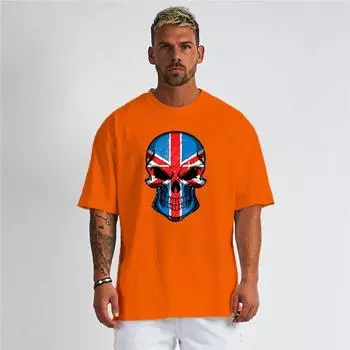 Muscleguys Мужская летняя свободная дышащая футболка с короткими рукавами и принтом черепа для фитнеса и тренировок M чёрный