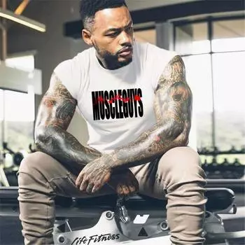 Muscleguys Мужская модная облегающая футболка с принтом, хлопковая одежда для фитнеса, топы с круглым вырезом и короткими рукавами, мужская футболка для тренажерного зала, бодибилдинга Muscleguy M чёрный