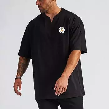 Muscleguys Мужская свободная повседневная футболка с цветочным принтом Фитнес Генри Вырез Спорт Короткий рукав M чёрный