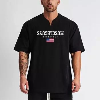 Muscleguys, мужские футболки с v-образным вырезом в американском стиле для фитнеса, повседневная уличная одежда с короткими рукавами, уличная одежда M чёрный