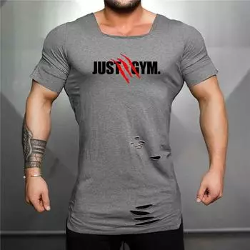 Muscleguys New Muscle Gym, бодибилдинг, тонкая футболка с короткими рукавами и принтом, спортивная одежда для бега, хлопковая одежда с квадратным воротником, мужская рваная футболка для фитнеса M чёрный