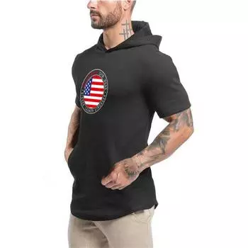 Muscleguys новая летняя футболка для бодибилдинга с капюшоном для мужчин, спортивные толстовки с короткими рукавами, хлопковая спортивная одежда, футболка для фитнеса с мышцами M чёрный