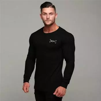 Muscleguys, новая молодежная модная весенне-осенняя одежда, мужская футболка с круглым вырезом и длинными рукавами, повседневная трикотажная рубашка M чёрный