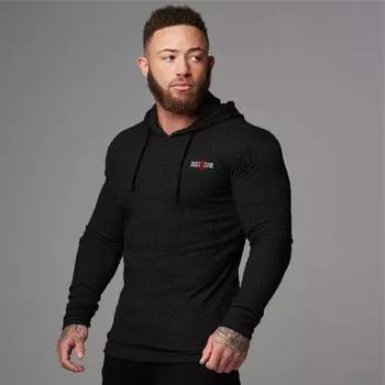 Muscleguys, Новое поступление, модный мужской спортивный свитер с капюшоном для фитнеса, красивая удобная повседневная тонкая футболка M чёрный