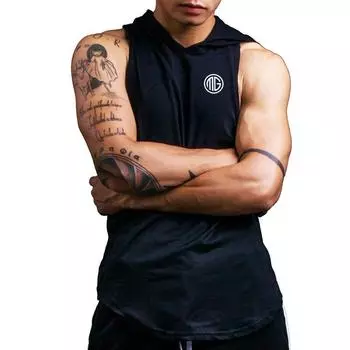 Muscleguys Новое поступление, мужская футболка без рукавов для фитнеса с толстовкой, однотонные топы для бодибилдинга, толстовки, майки, лоскутная одежда для спортзала M чёрный