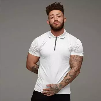 Muscleguys Новое поступление, одежда для бодибилдинга, хлопковая футболка-поло для фитнеса, мужские футболки-поло на молнии, модная повседневная брендовая рубашка-поло с короткими рукавами M чёрный