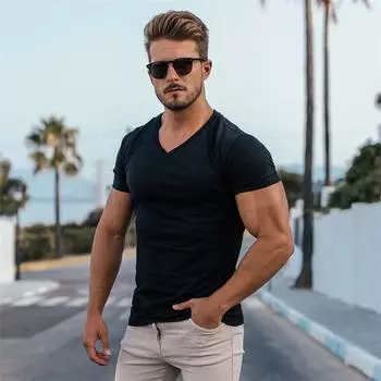 Muscleguys новые брендовые хлопковые футболки, летние мужские дышащие футболки с v-образным вырезом и короткими рукавами, мужские уличные однотонные футболки с короткими рукавами M чёрный