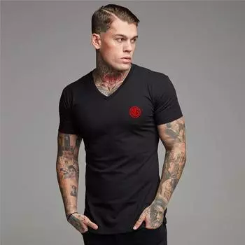 Muscleguys Новые поступления Мужские хлопковые футболки с принтом с короткими рукавами Дышащая удобная футболка с v-образным вырезом Модная приталенная футболка с коротким рукавом M чёрный