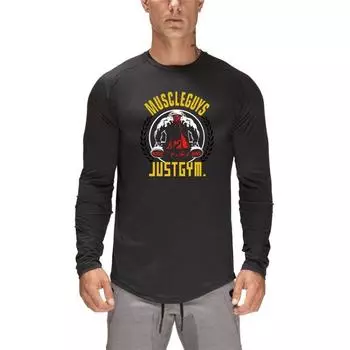 Muscleguys, новые поступления, весенне-осенняя футболка с длинными рукавами с принтом, мужская корейская футболка для фитнеса, простая модная повседневная и удобная одежда M чёрный