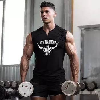 Muscleguys, новый летний тонкий хлопковый жилет, тонкая трендовая футболка с v-образным вырезом без рукавов, топы для бега для фитнеса M чёрный