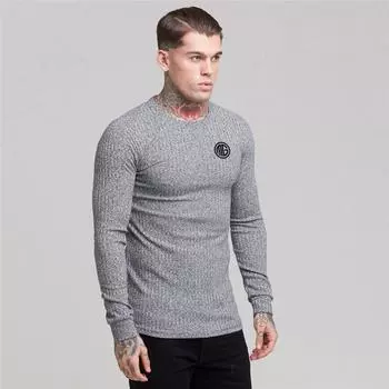 Muscleguys, новый весенне-осенний свитер, мужская серая футболка без шапочки с длинными рукавами, повседневная удобная рубашка с круглым вырезом M чёрный