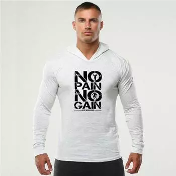 Muscleguys, осенние мужские топы с принтом NO PAIN NO GAIN, молодежные тонкие повседневные топы с длинными рукавами, новые поступления, толстовка для фитнеса, тонкое пальто M чёрный