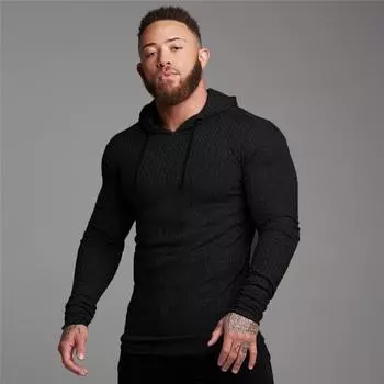 Muscleguys, осенняя модная повседневная однотонная мужская одежда, спортивный свитер с капюшоном для бега, спортивная одежда, футболки для фитнеса M чёрный
