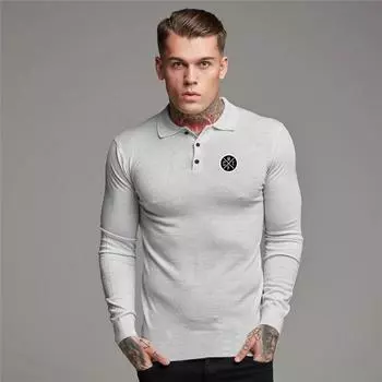 Muscleguys осенняя молодежная футболка с длинным рукавом мужская повседневная рубашка поло с лацканами в деловом стиле M чёрный